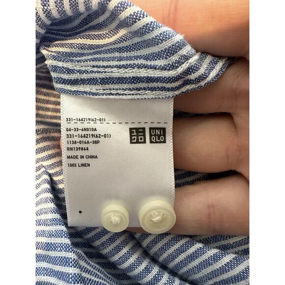 UNIQLO Large Men Premium Linen Striped Long Sleeve Button Up Shirt Blue B3 - Picture 8 of 10